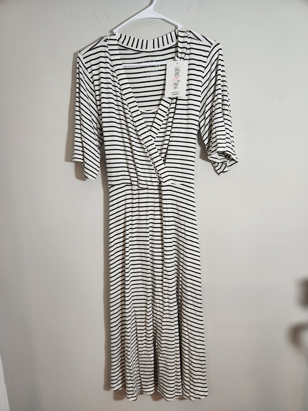 Latched Mama Midi Dress Black & White Striped Breastfeeding Nursing Pumping New